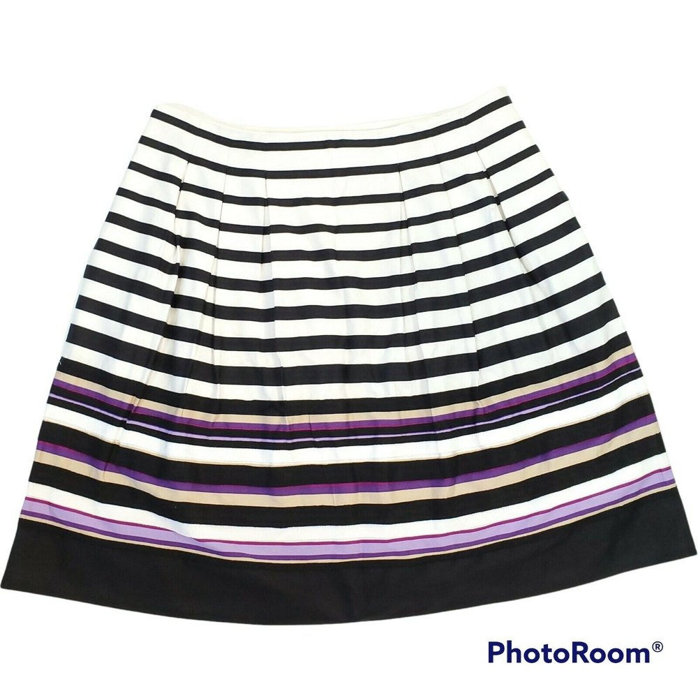 White House Black Market WHBM Sz 10 Lined Black Purple White Ribbon Stripe Skirt